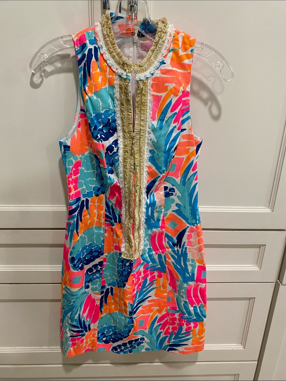 Lilly Pulitzer Girls Tropical Print Sleeveless Shift in Blue, Pink & Orange